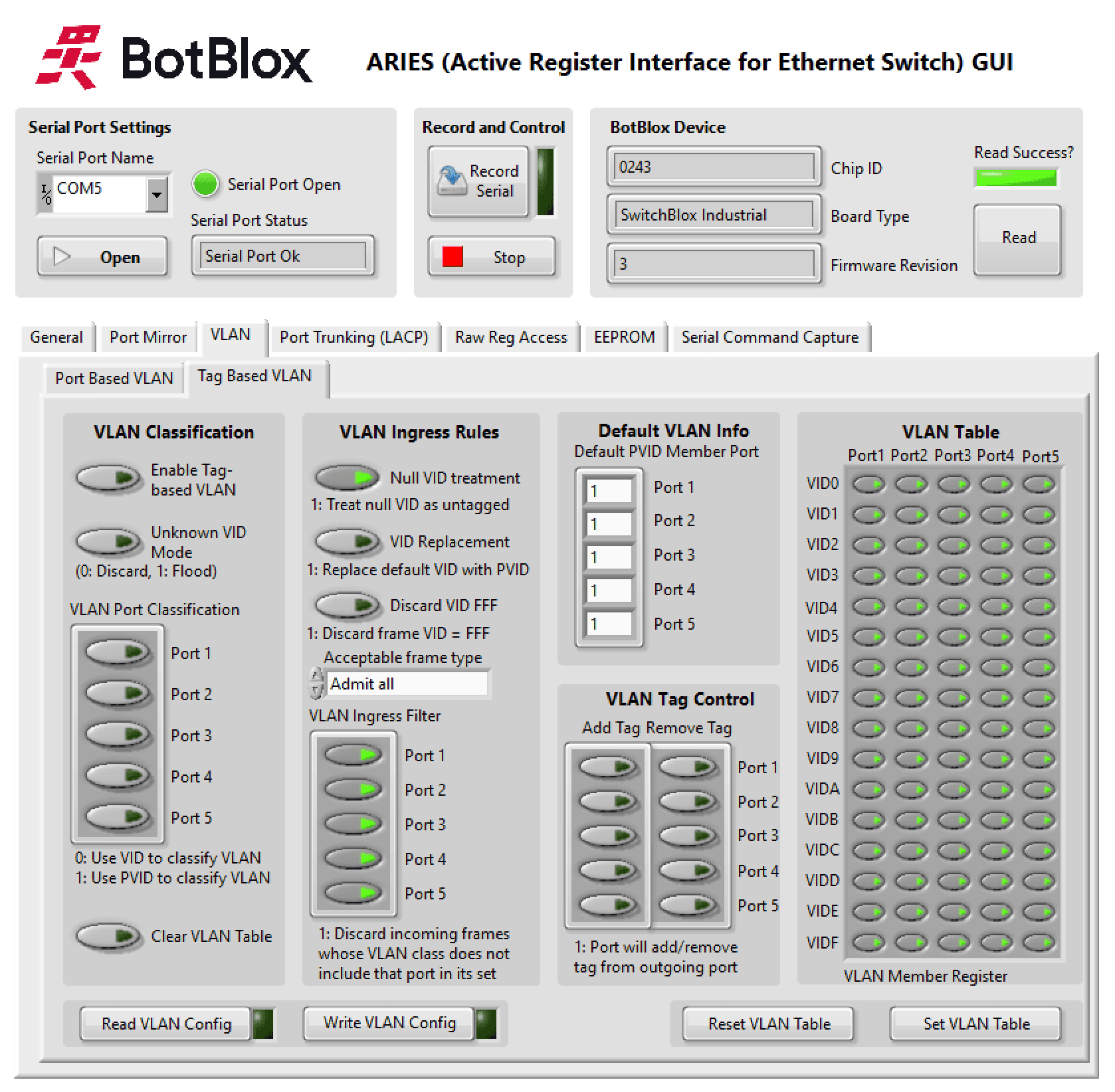 ARIES Tag-Based VLAN tab: VLAN classification, ingress rules, default PVID and the VLAN member table