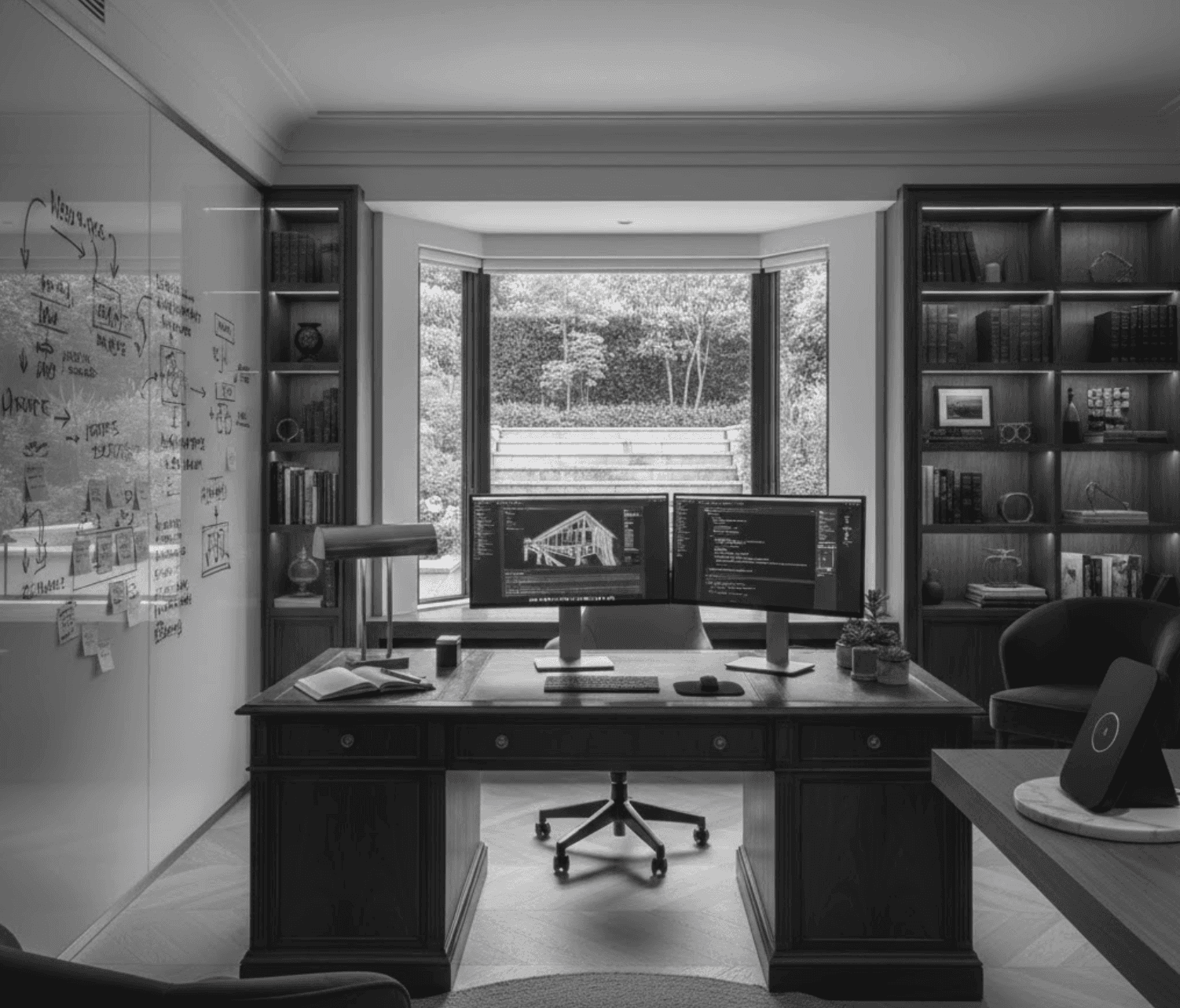 Spacious open-plan office with rows of desks and striking circular ceiling lights.