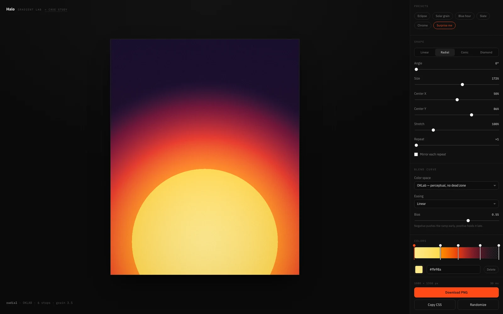 Halo in a browser: the stage with the rendered gradient on the left, the control panel with presets, shape, blend curve and colour stops on the right