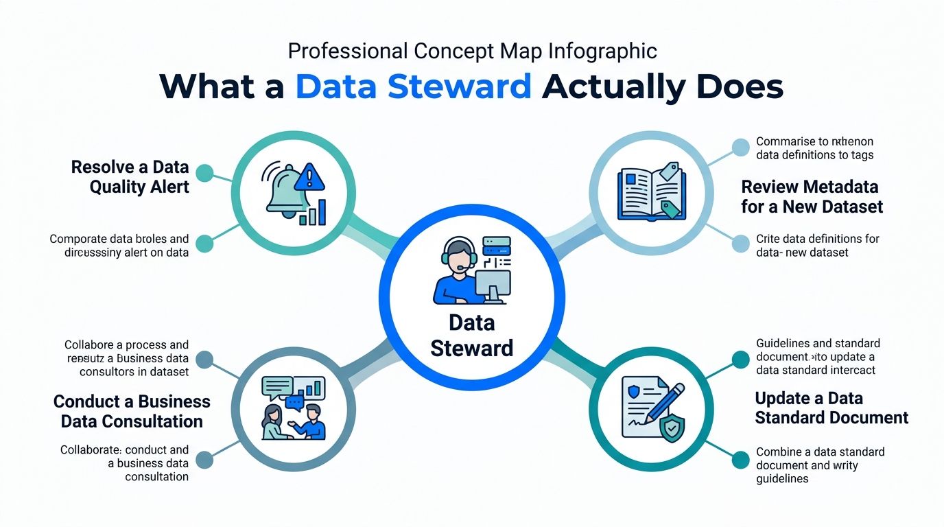 An infographic diagram explaining the four key professional responsibilities and daily tasks of a data steward.