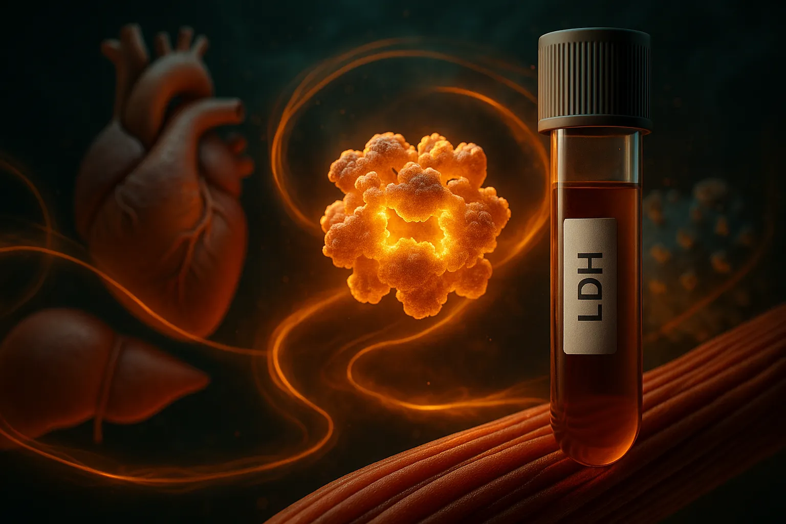 LDH blood test vial with stylized heart, liver, and glowing enzyme cluster.