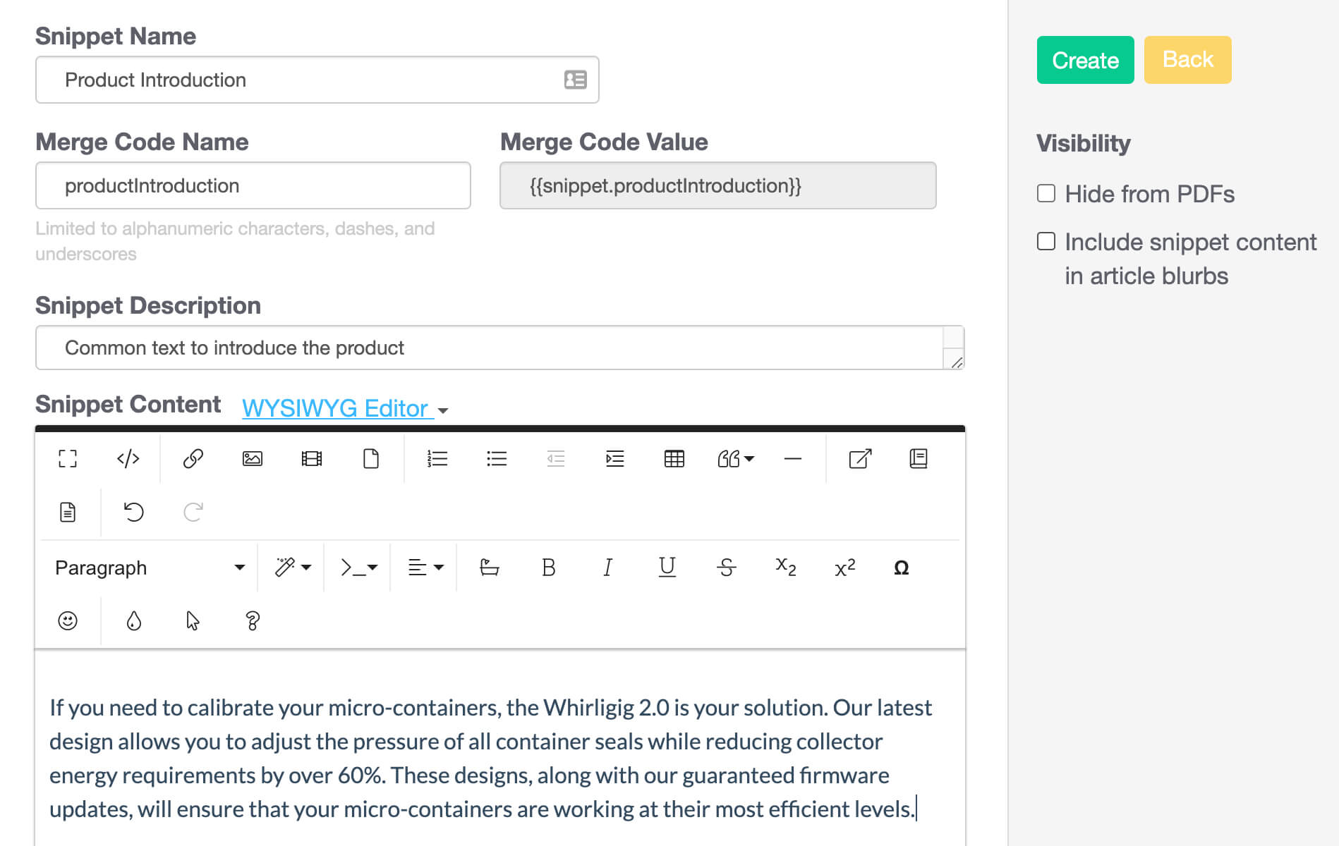 Screenshot of KnowledgeOwl interface, showing the snippet creation form.