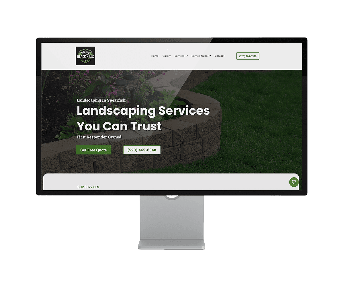 Contractor landscaping website mockup shown on a desktop monitor