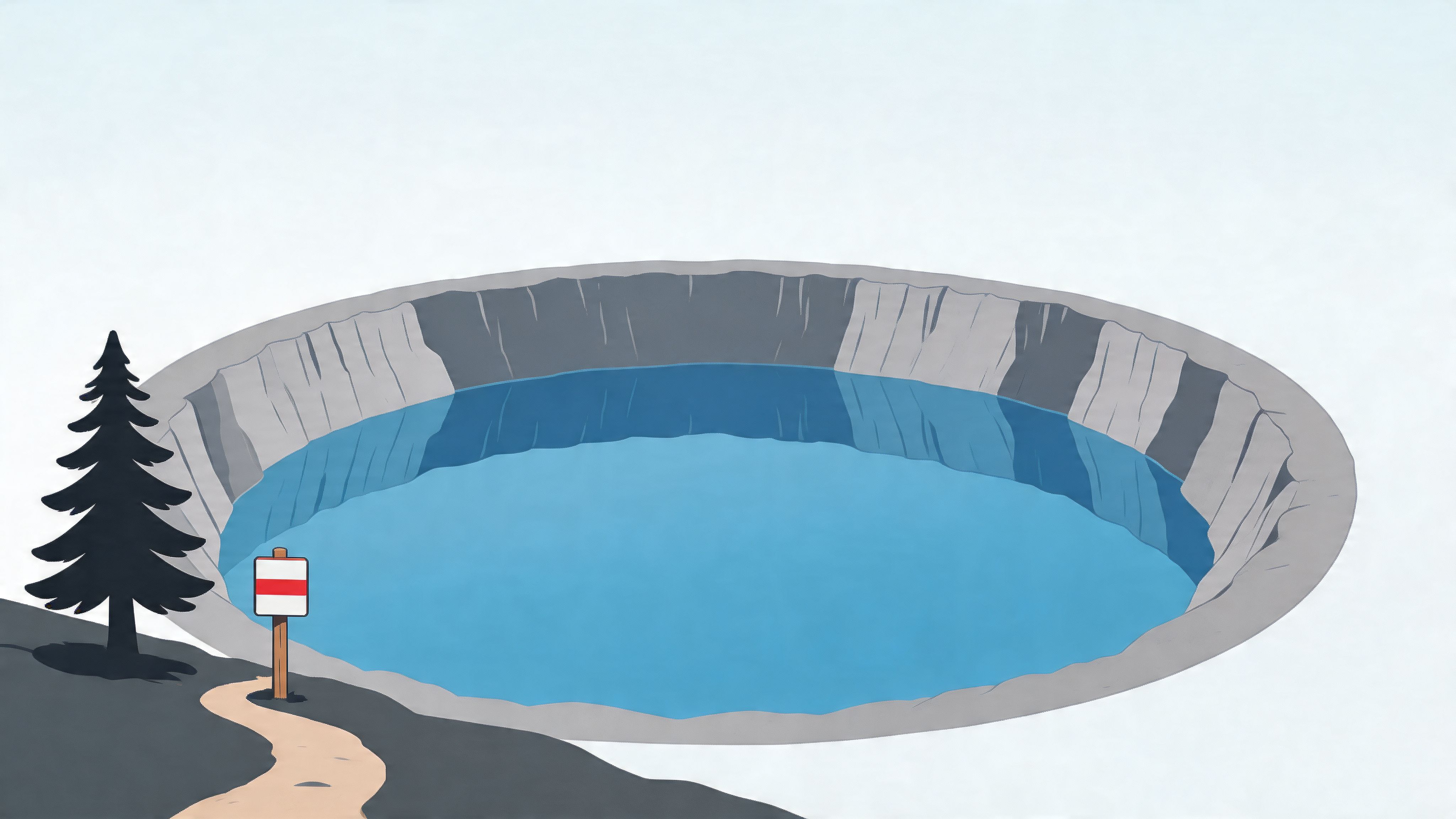 A digital illustration of a circular lake inside a crater with a pine tree and a trail.