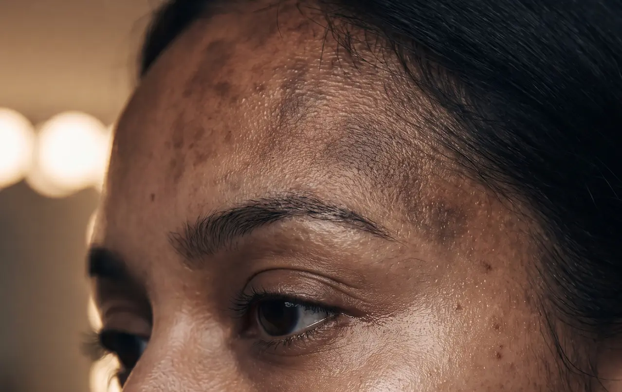 Extreme close-up of real luminous skin with faint fading sun spots, shot in moody editorial light at a premium Vancouver skin clinic