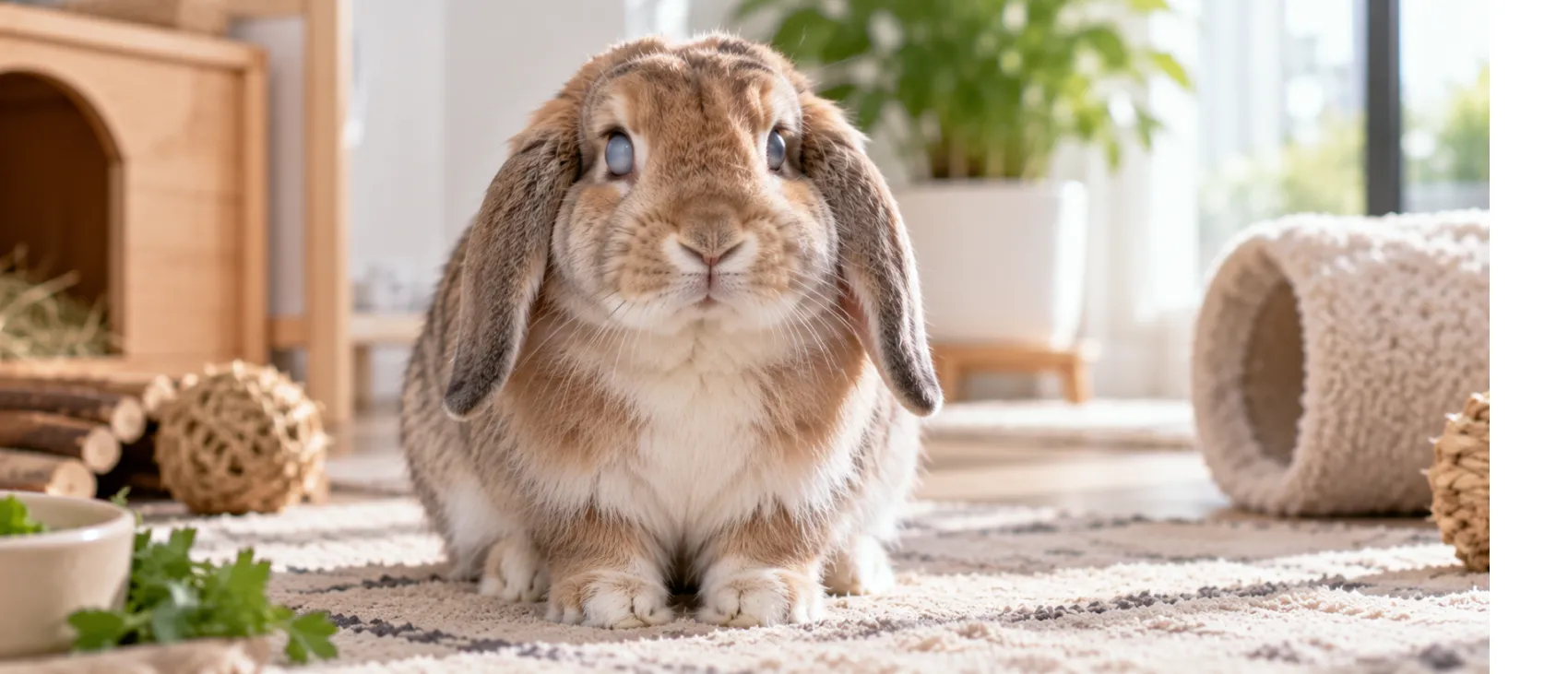 A lop-eared rabbit with a cloudy film visible over both eyes.