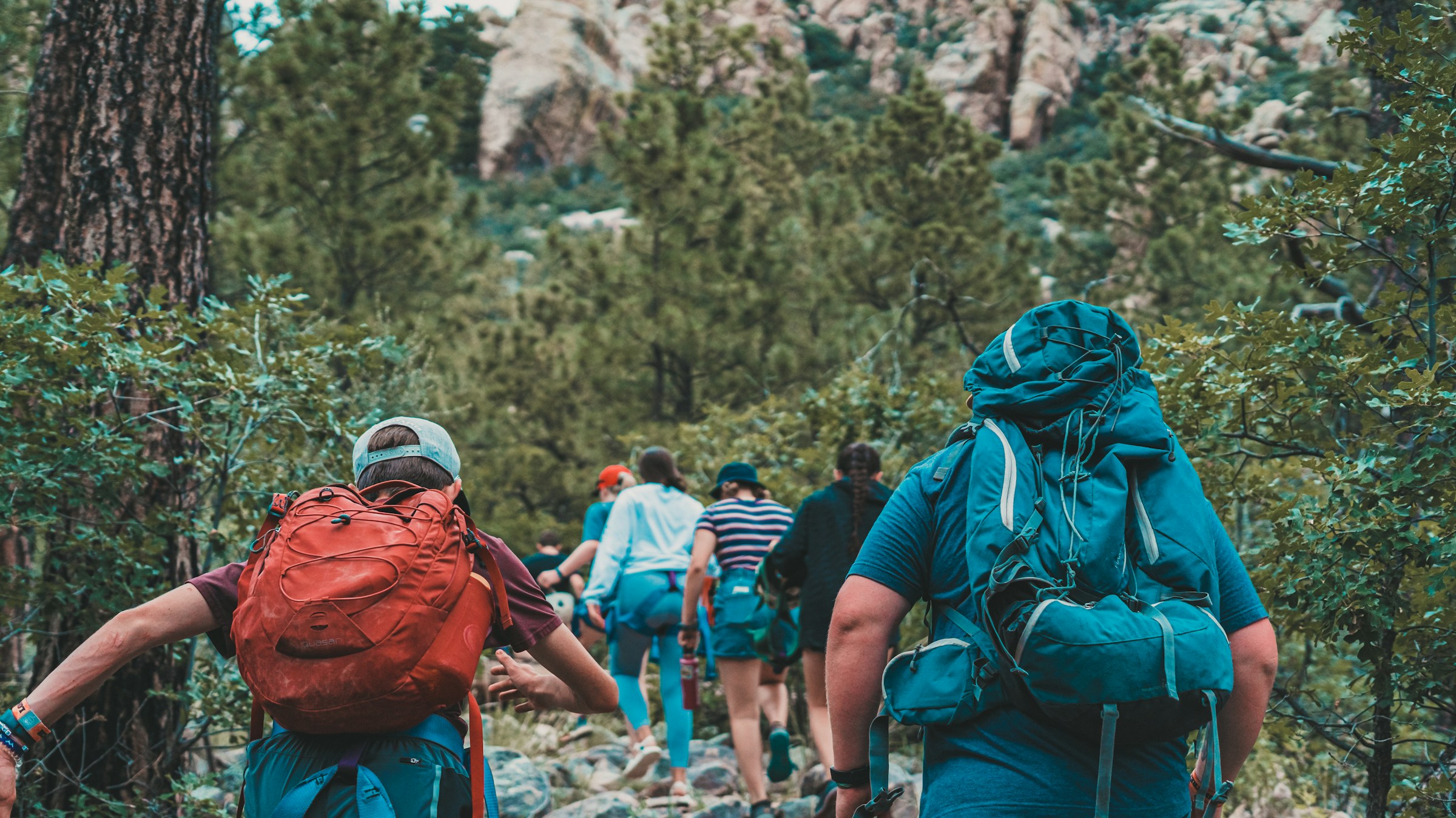 Three hikers, wearing colorful backpacks, trek through a lush forest on a sunny day.