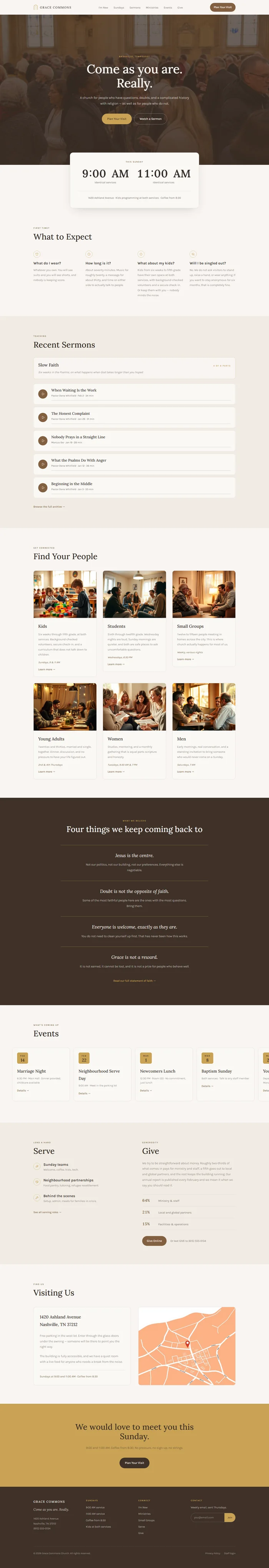 Full church website design: congregation hero, service times, sermons, ministries, giving