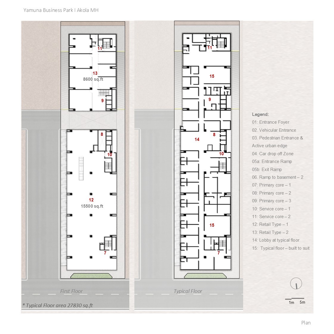 Business Park, Akola – first and typical floor plans with commercial spaces and office layouts, designed by Rooted Narratives, Bengaluru.
