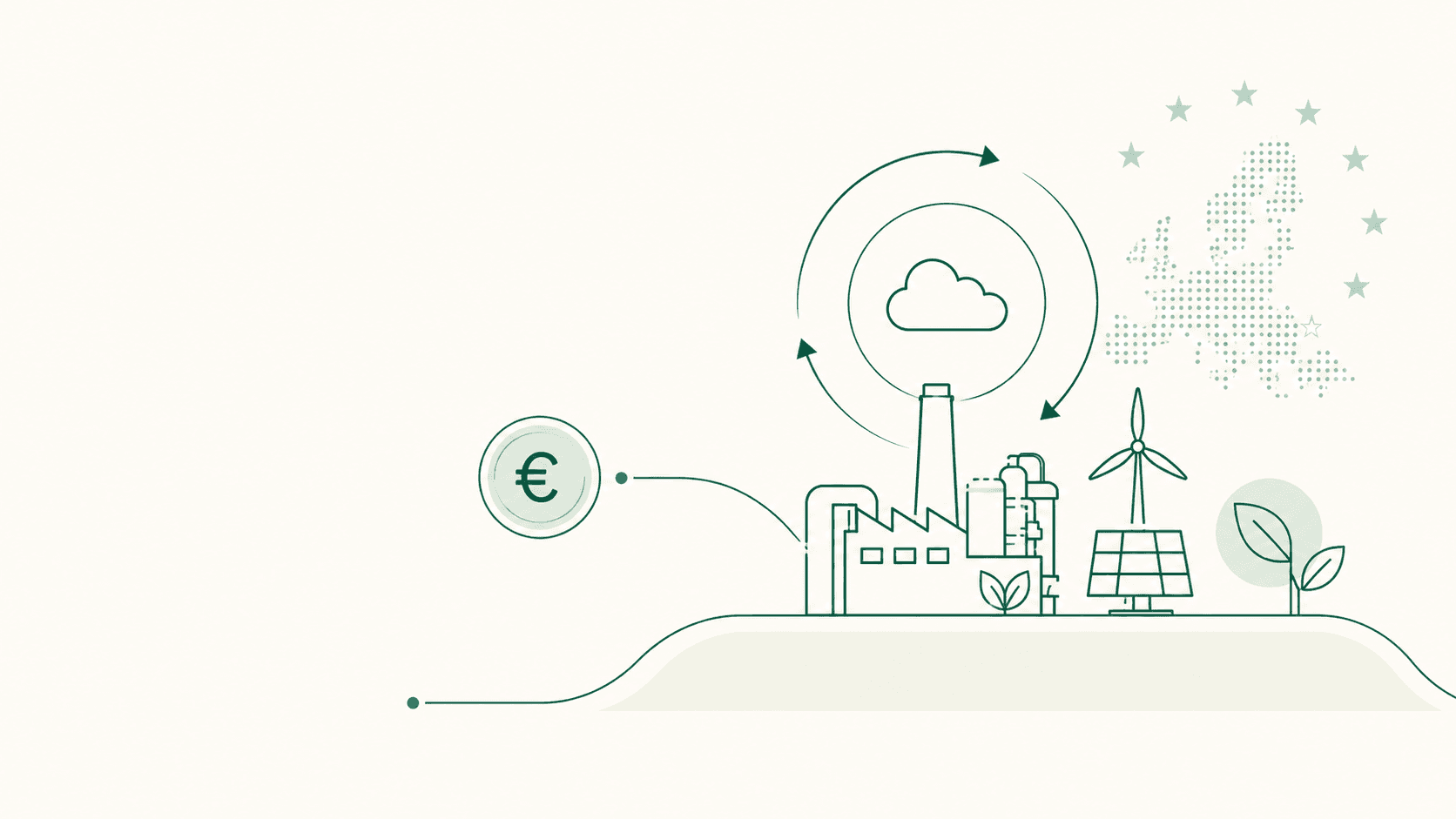 Illustration horizontale de style Metrikflow sur le SEQE de l'UE, présentant une installation industrielle, de l'énergie renouvelable, un symbole de l'euro, des flèches circulaires et une carte de l'Europe pour représenter le lien entre les émissions, la tarification du carbone, la transition énergétique et les politiques climatiques européennes.