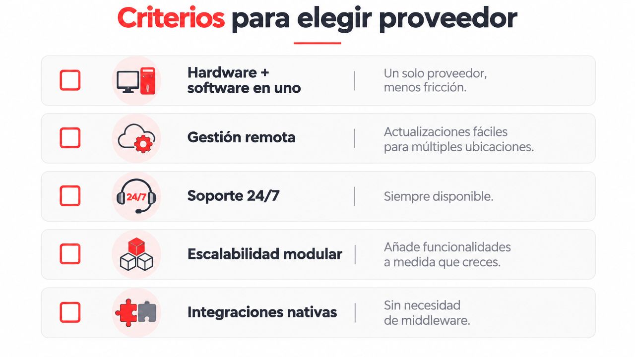 Lista de criterios importantes en español para seleccionar un proveedor de tecnología para negocios de hostelería.