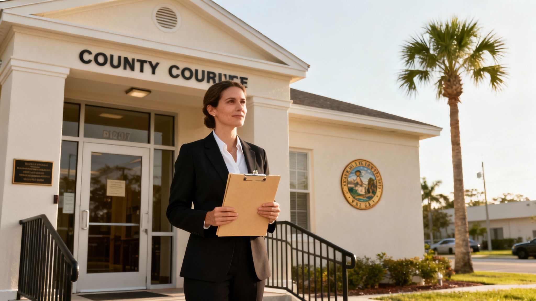 A professional woman in a suit stands outside a County Court building holding a clipboard.