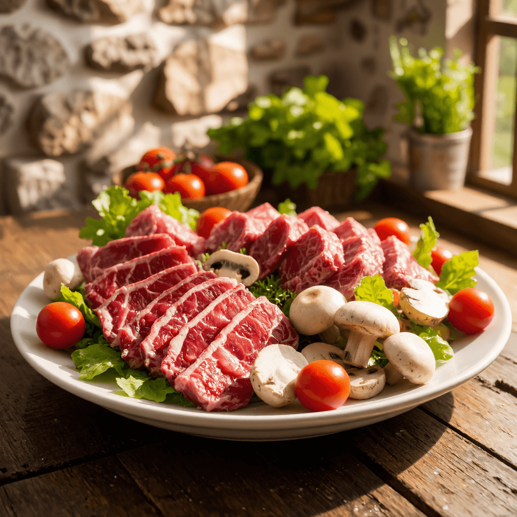 product photography of a plate of marbled beef slices with vegetables
