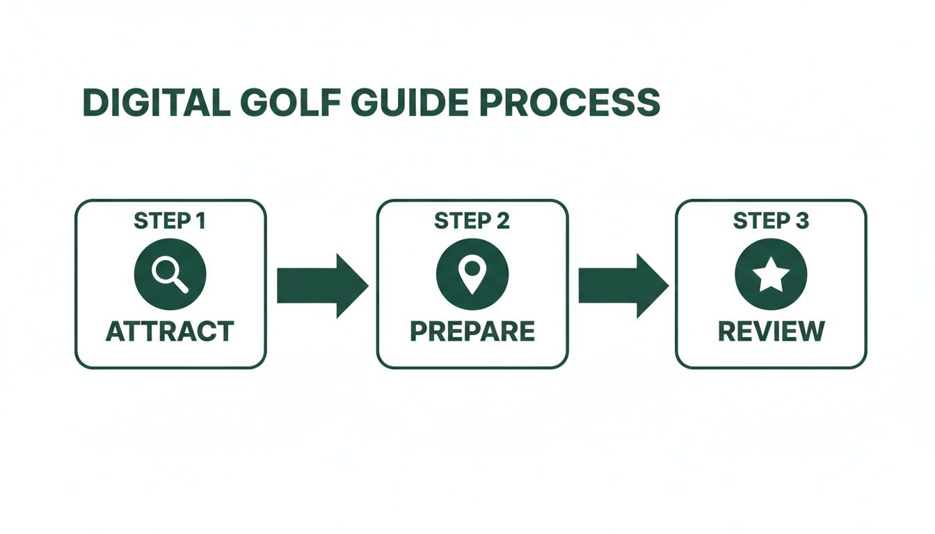 A three-step flowchart outlining the digital golf guide process: Attract, Prepare, and Review.