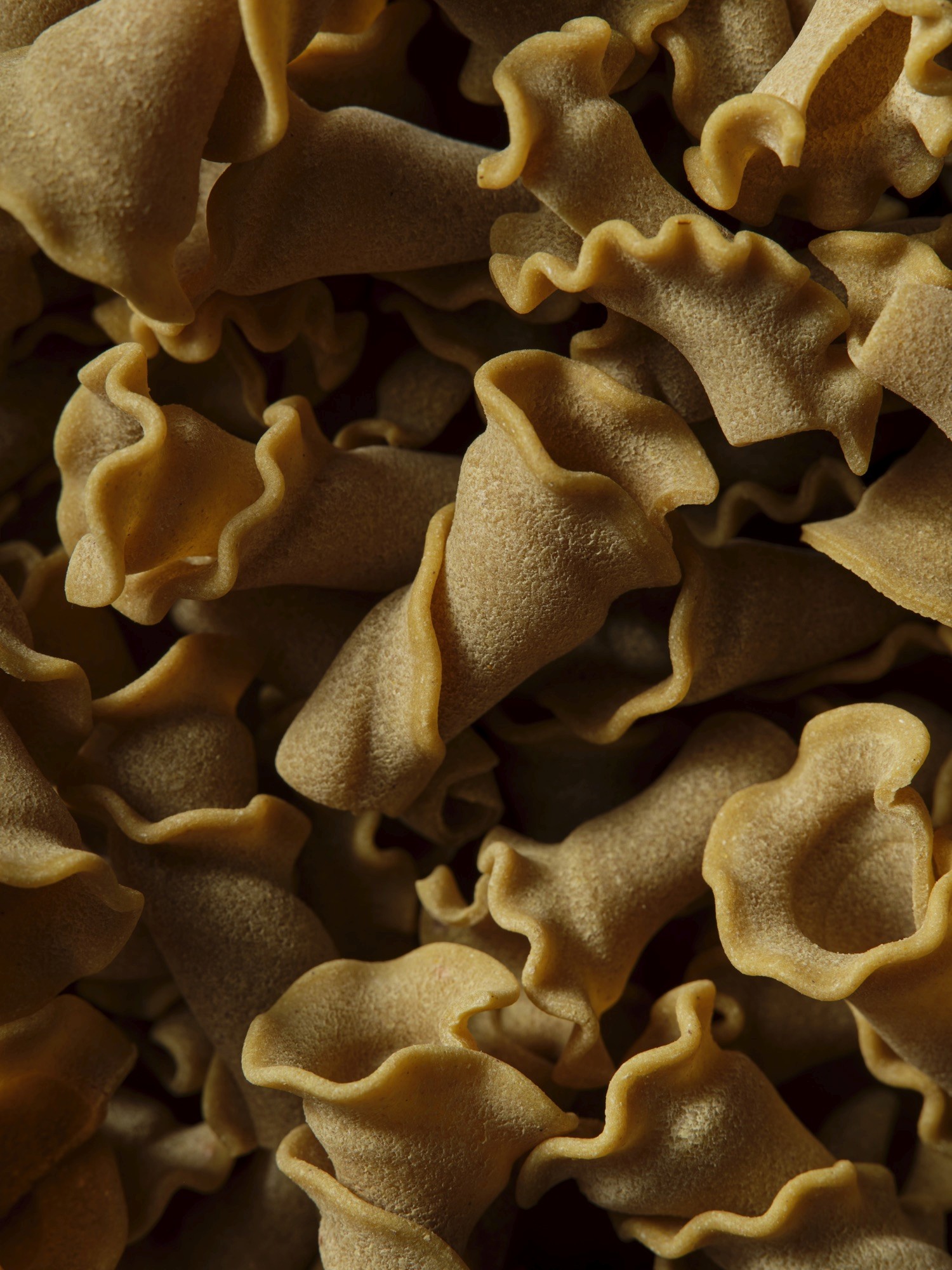 Dried ruffled pasta at close range, its matt surface and fluted edges catching low light.