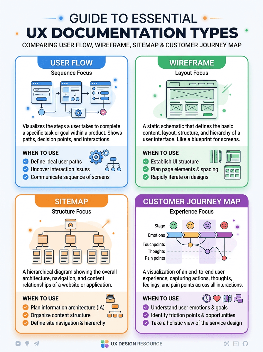 Infographic comparing four UX documentation types: user flow, wireframe, sitemap, and customer journey map