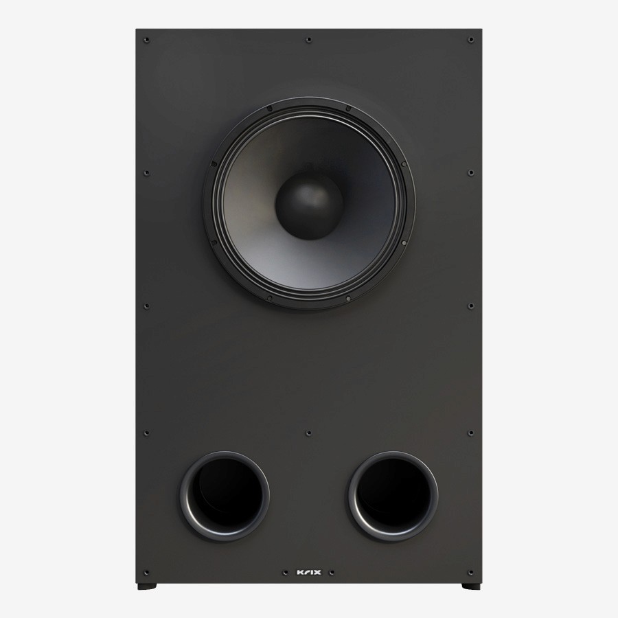 Black subwoofer with dual bass ports and KAIX logo.