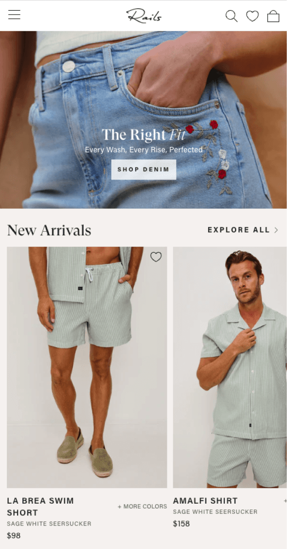 Mobile new arrivals section showcasing Rails apparel collection