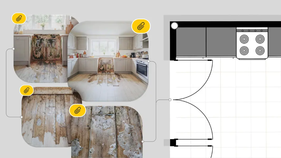 sketch of a floor plan with photos of the water damage