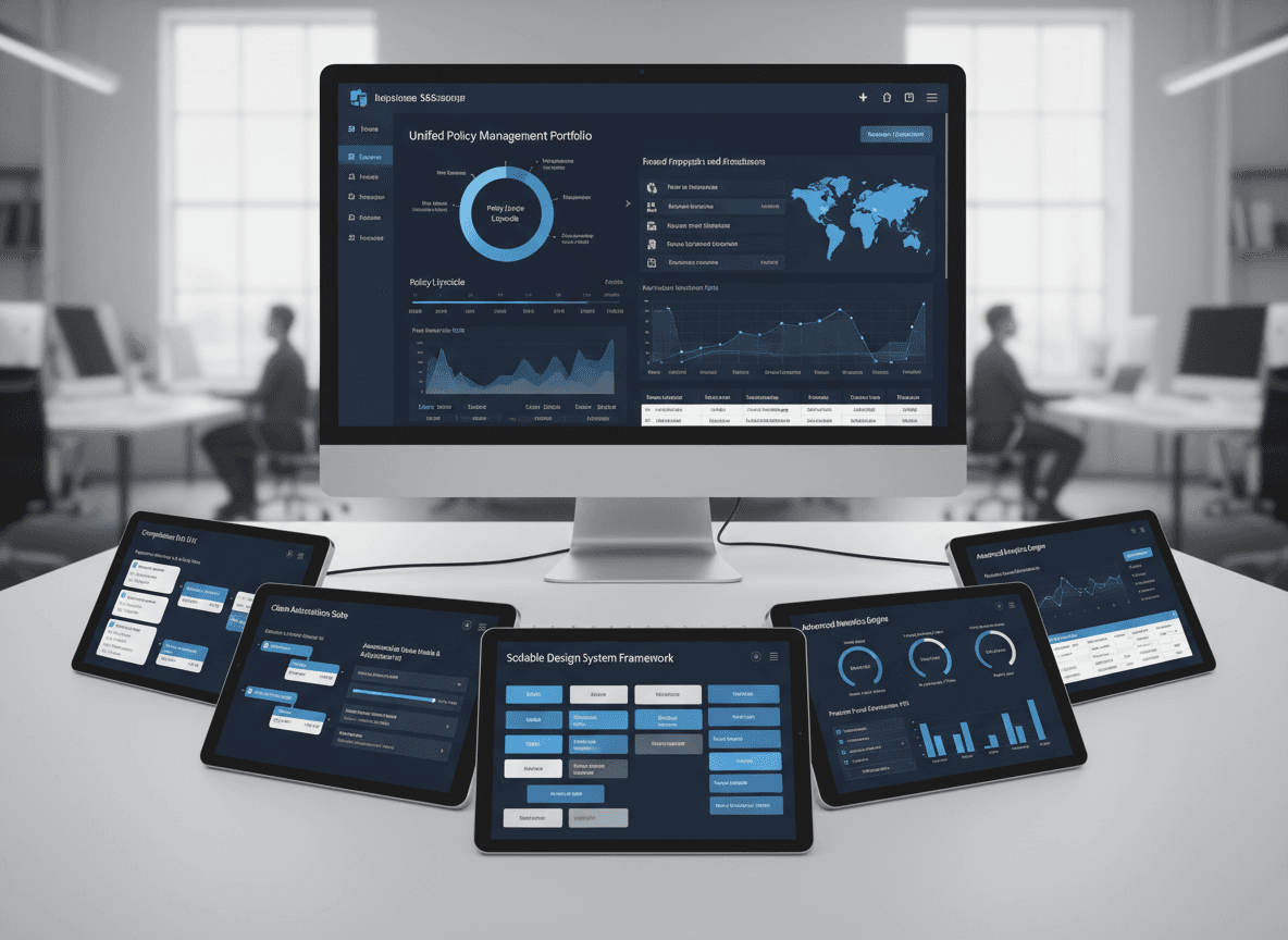 “Unified insurance policy management dashboard showing policy lifecycle, premiums, renewals, and customer accounts.”