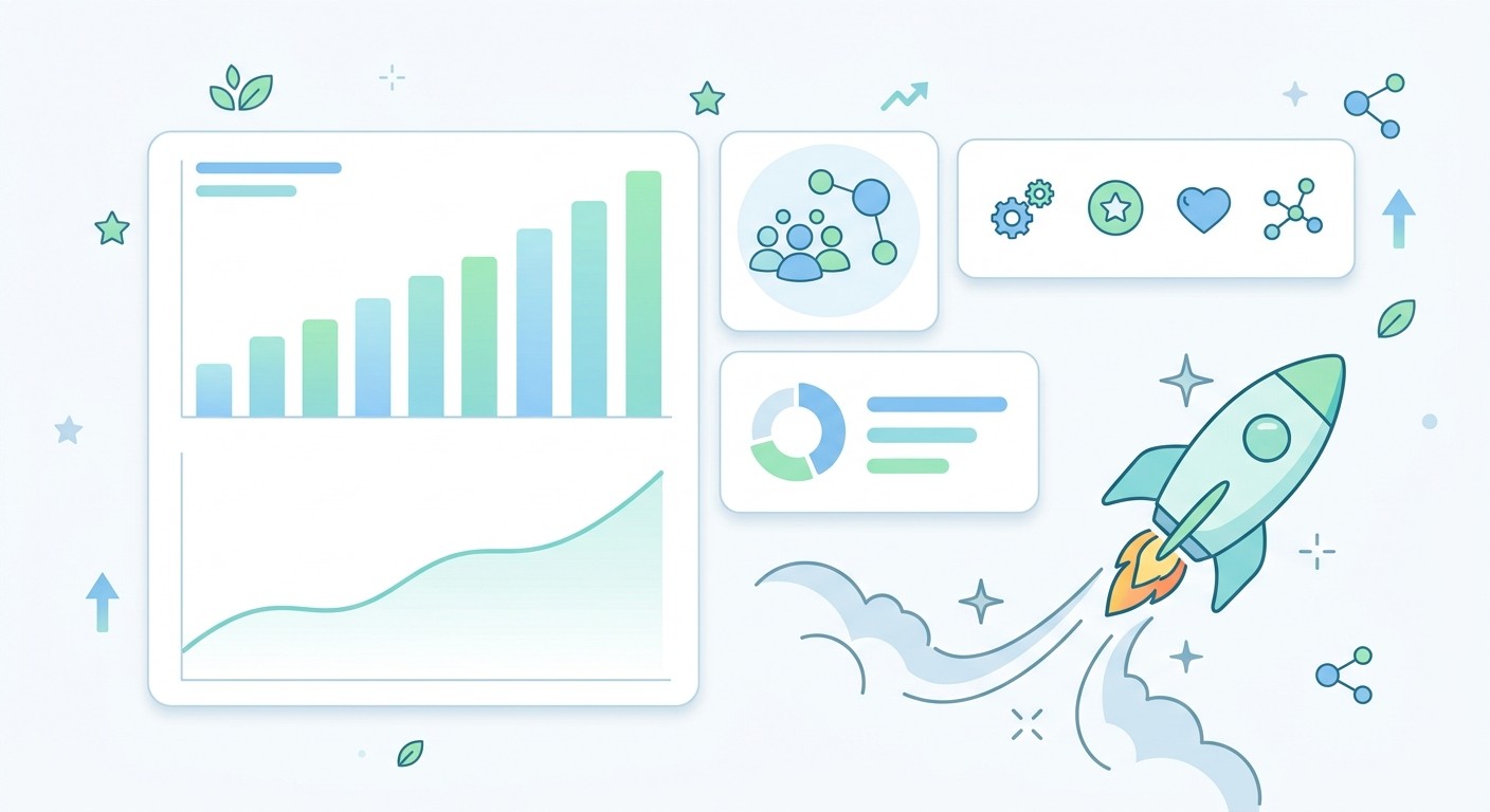 App growth analytics dashboard showing rising charts and user engagement metrics.