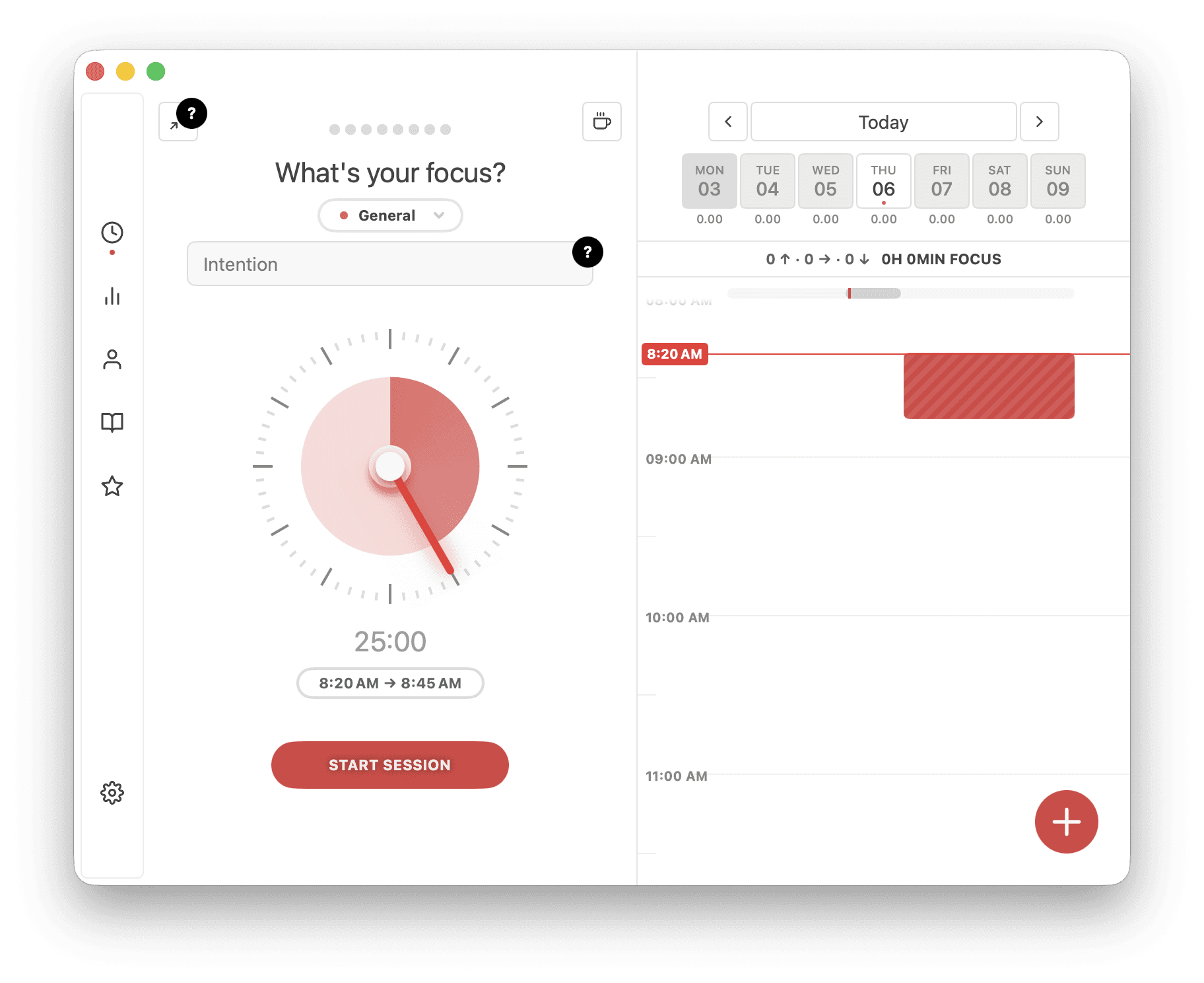 Shows Session’s main screen. On the left you'll see a simple side bar, while the middle part lets you configure your focus session’s duration. The main differentiator is the calendar view shown to the right.