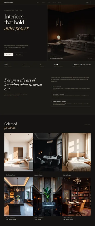 Interior design studio website prompt — dark luxury near-black and cream design preview