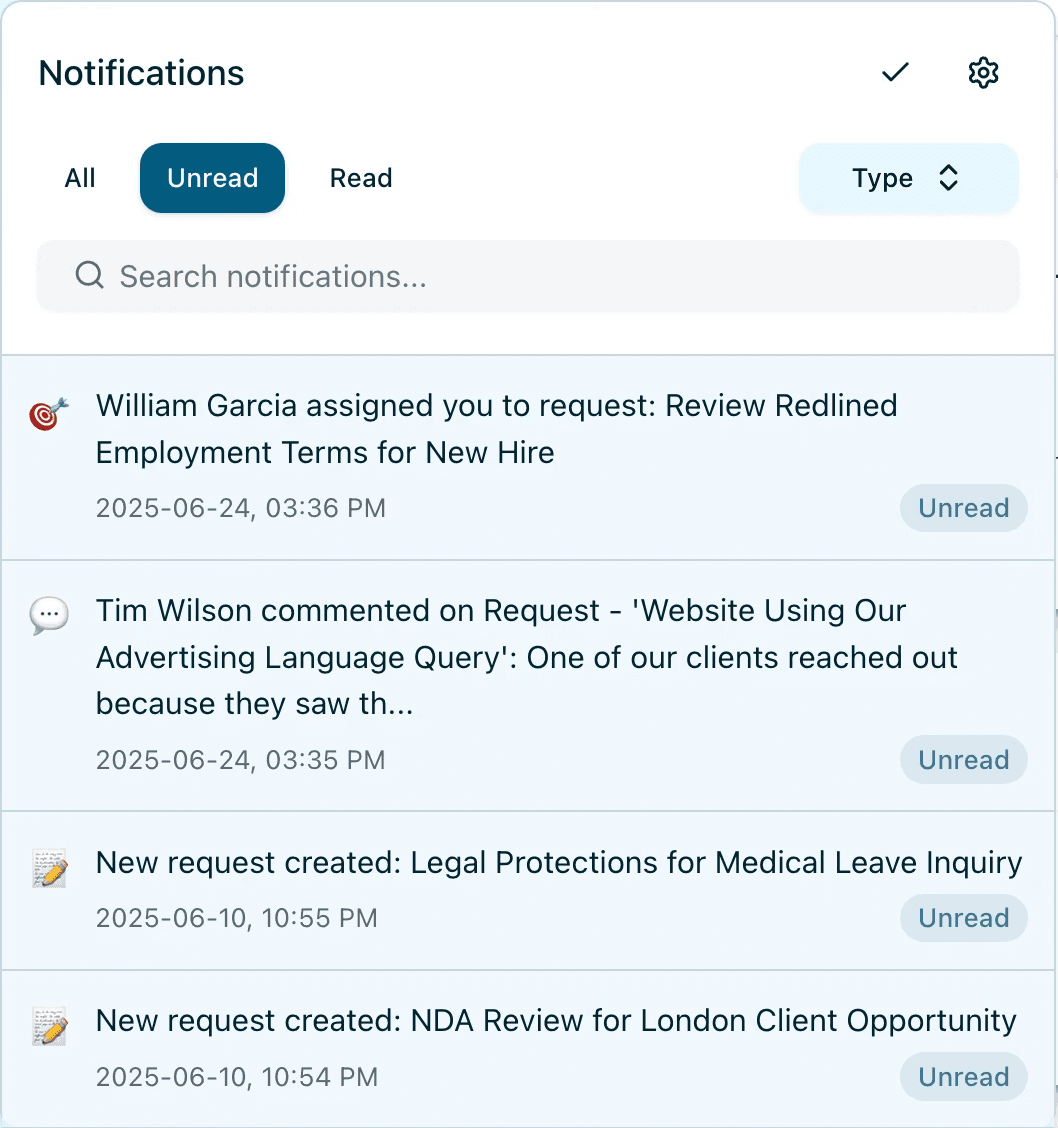 Image shows request notifications for legal team members.