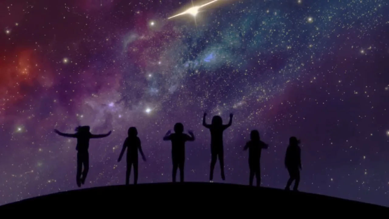 Children jumping under a starry sky