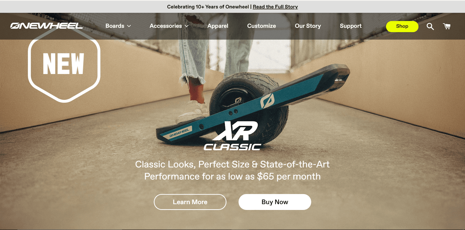 Bold landing page with a looping video showcasing the excitement of Onewheel