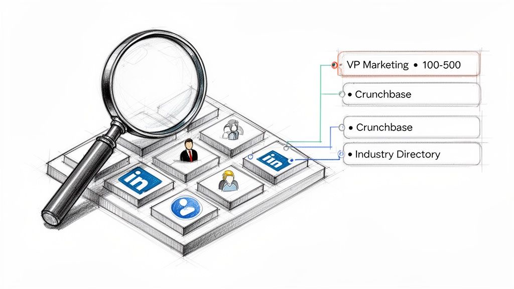 Magnifying glass over icons of professionals and LinkedIn, showing B2B lead generation sources like Crunchbase and industry directories.