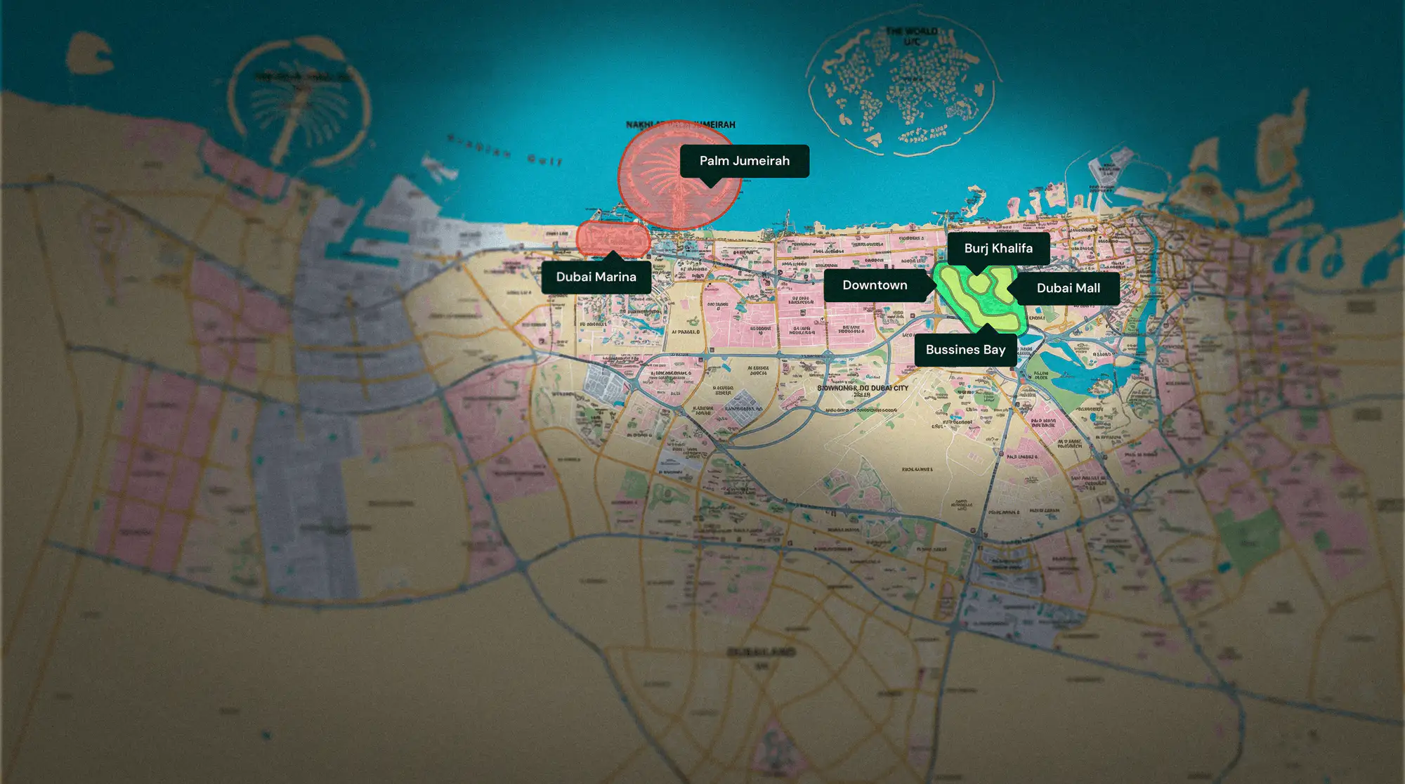 Mapa de Dubái con enfoque en zonas clave como Downtown, Business Bay, Dubai Marina y Palm Jumeirah para inversión inmobiliaria.
