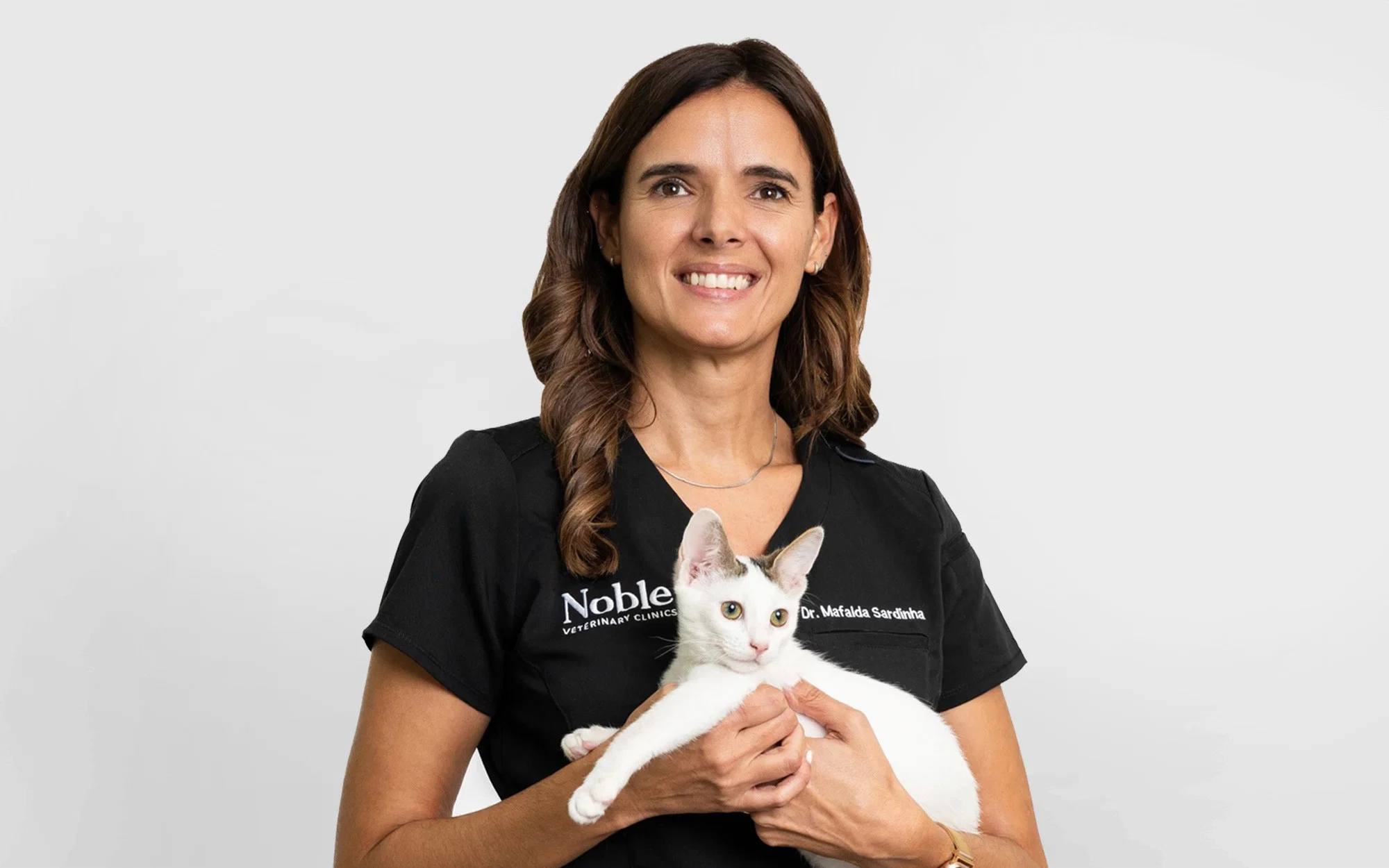 Dr. Mafalda Sardinha at Noble Veterinary Clinic gently holds a white cat during a check-up.