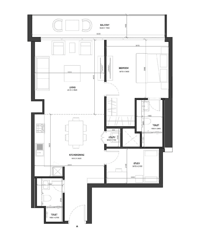 Floor plan of a one-bedroom apartment at Sobha Verde, showcasing room layout and dimensions.