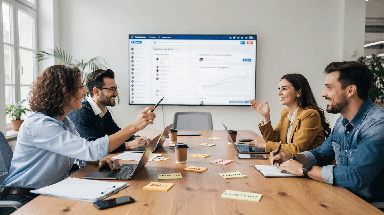 Une équipe marketing est réunie autour d'une table, collaborant sur un outil de gestion des réseaux sociaux pour planifier et analyser leurs publications sur des plateformes comme Facebook, Instagram et LinkedIn. Ils échangent des idées sur les stratégies à adopter pour améliorer la présence de leur marque dans les médias sociaux.