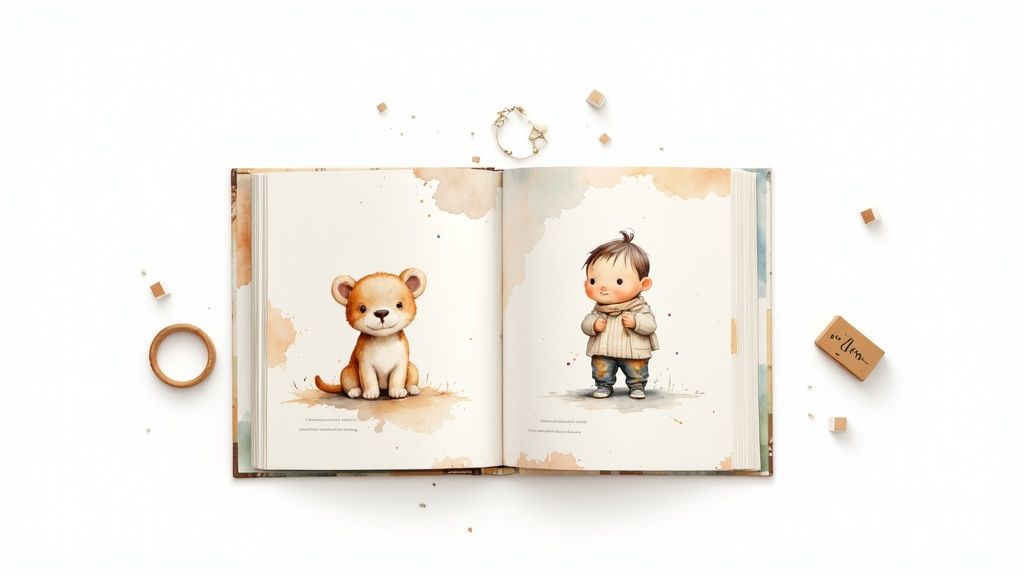 An open storybook displays adorable watercolor illustrations of a lion cub and a baby, on a white surface.