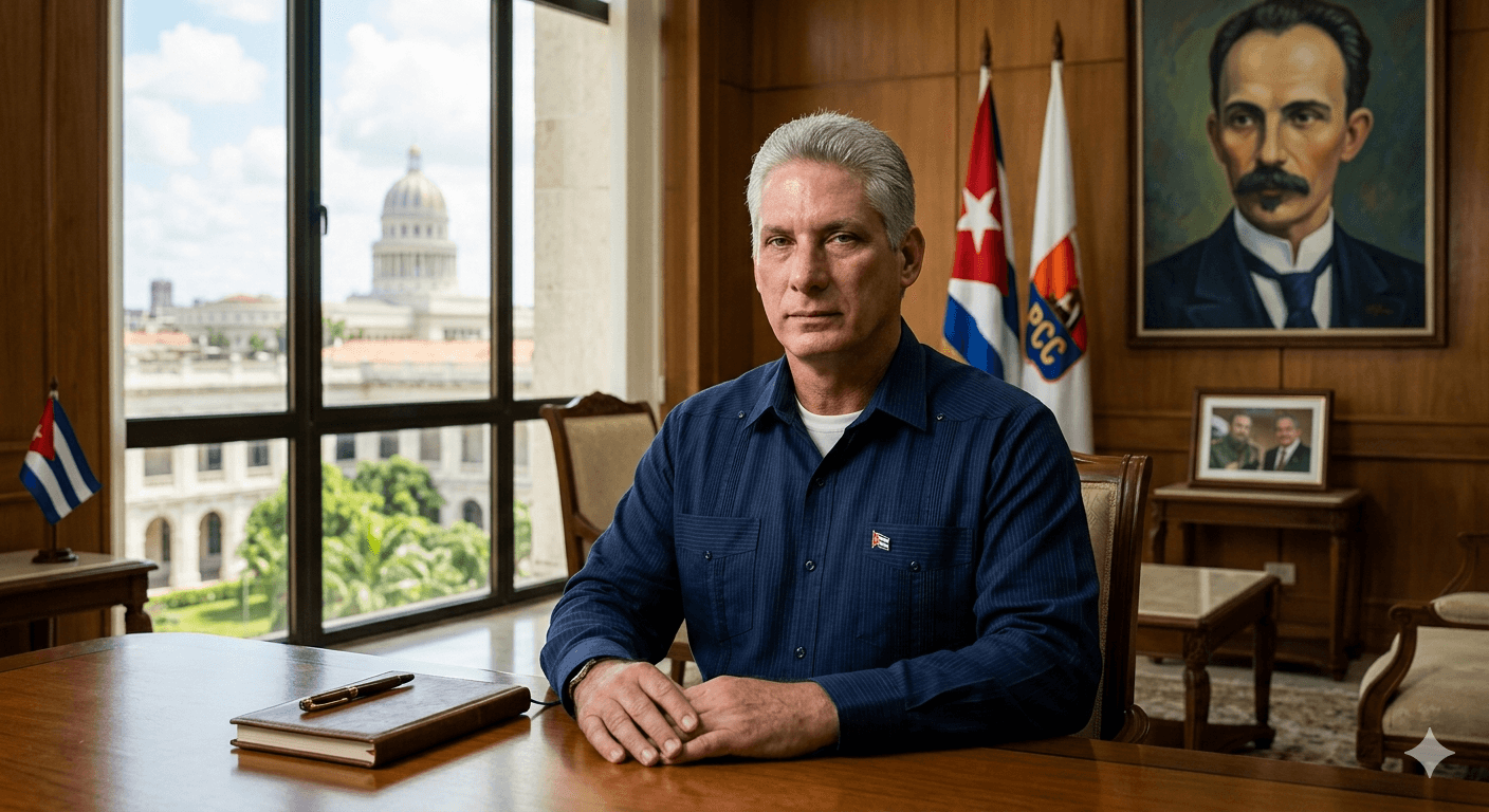 Cuban President Miguel Díaz-Canel sits at a desk in an office featuring a portrait of José Martí and a window view of Havana's Capitolio dome.
