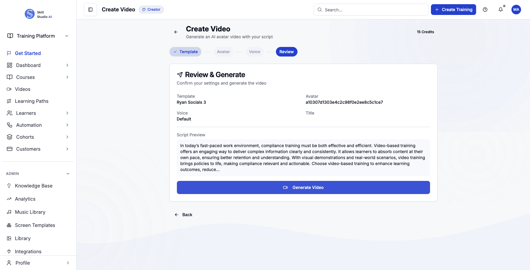 Click Generate Video to create your AI-powered training video.