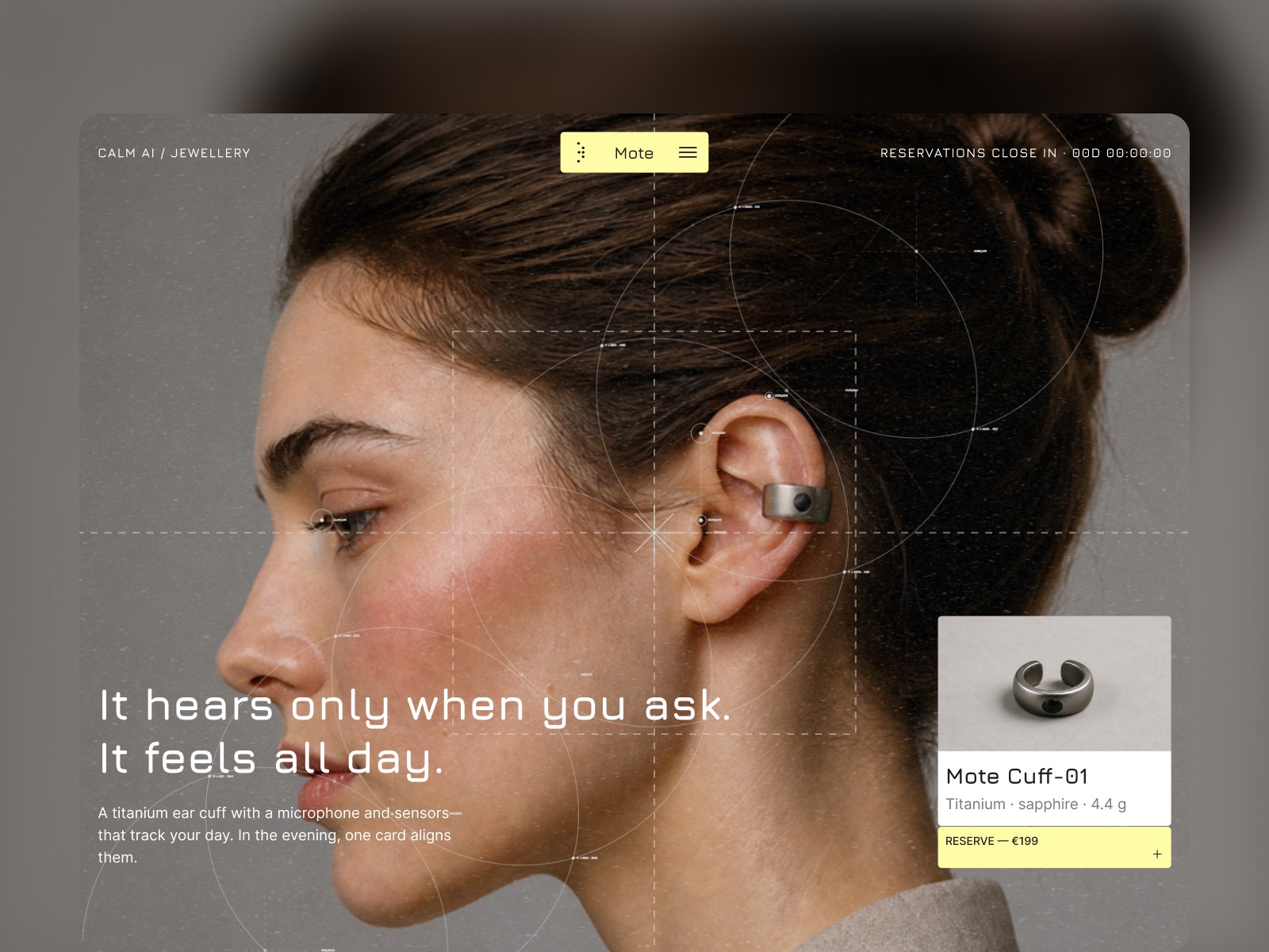 Mote demo homepage with a wearable product, technical overlay, and reservation card.