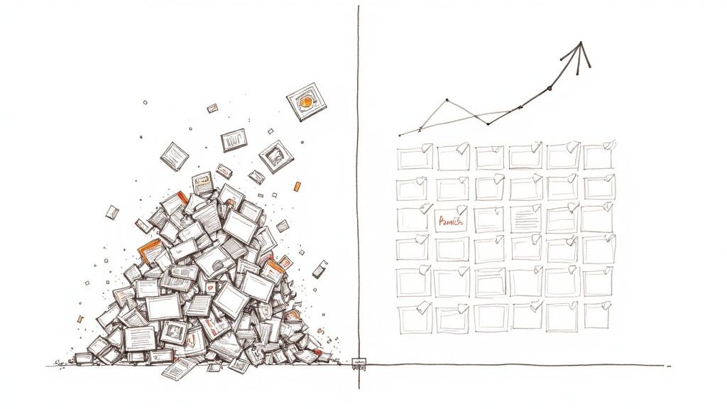 Comparison illustration showing chaotic unorganized content pile versus organized calendar grid with upward growth arrow