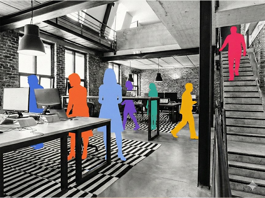 A photo illustration of an office with people as colorful cardboard shapes to represent productization