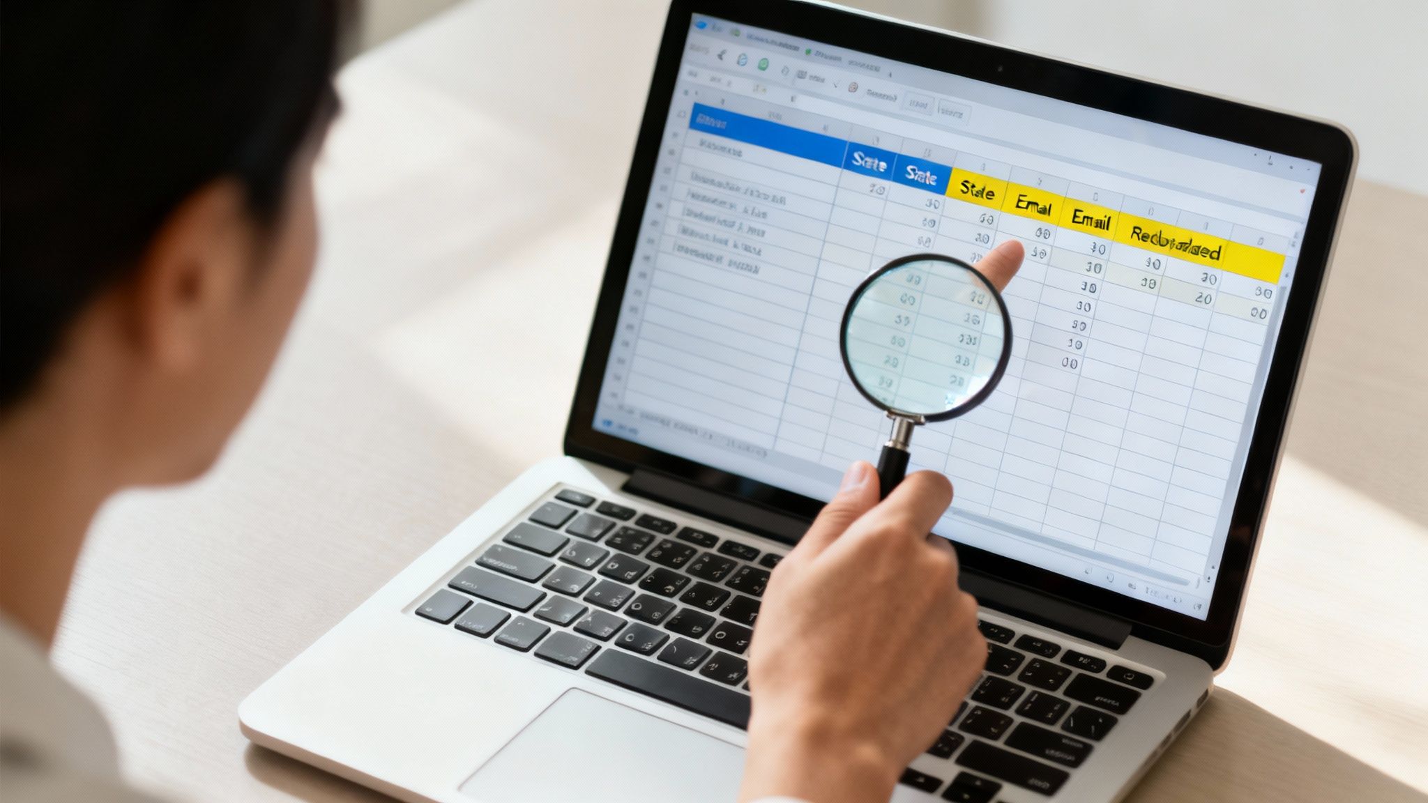 Person examining spreadsheet data with magnifying glass on laptop for migration analysis