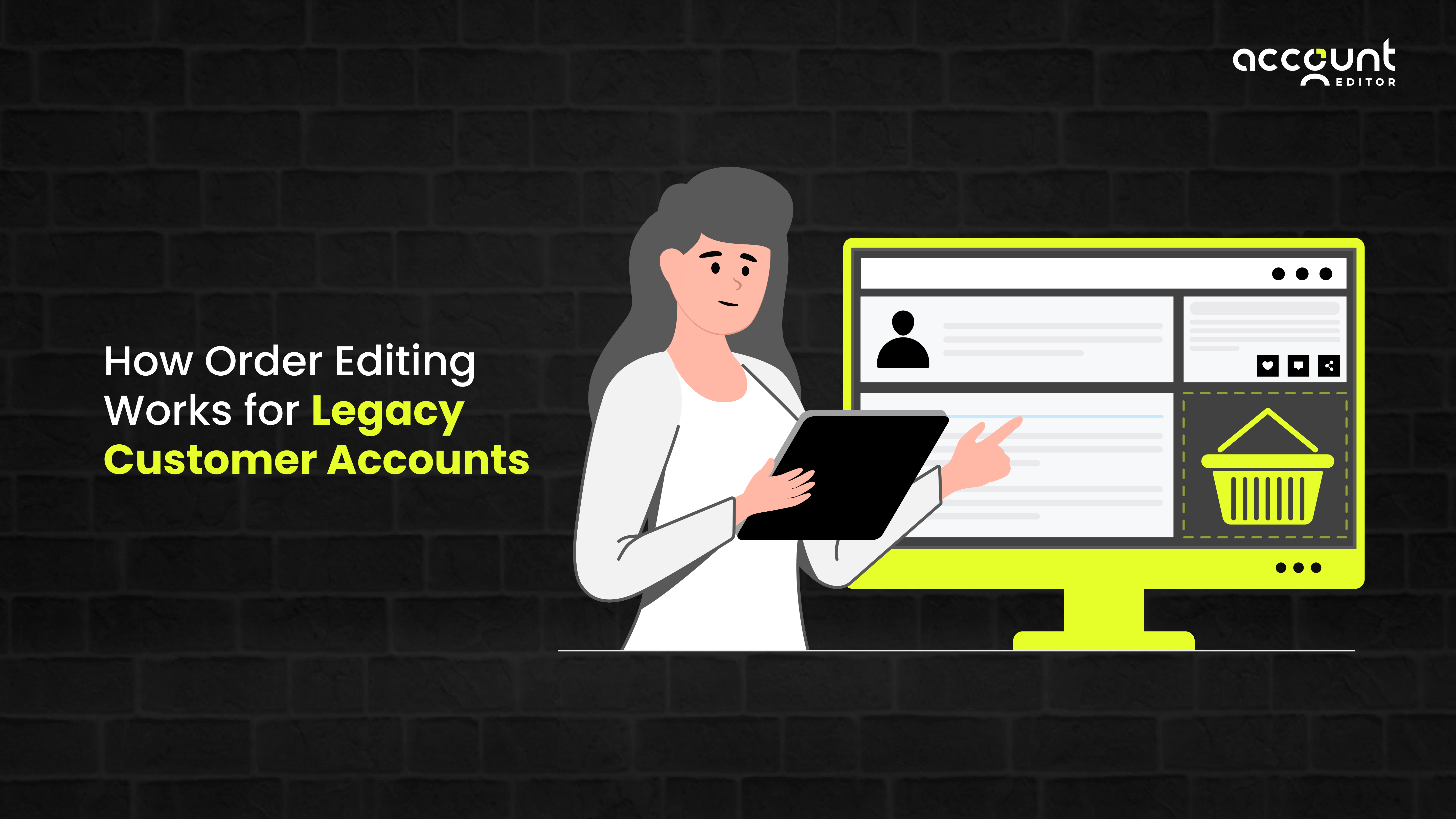 Illustration showing how order editing works for legacy customer accounts in Shopify, with a merchant reviewing order details on a dashboard screen.