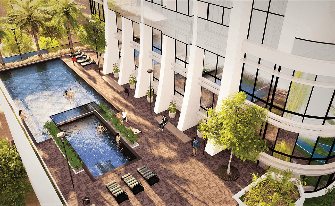 Artist's rendering of the courtyard at Cloud Tower, a new apartment complex in Dubai, featuring modern landscaping and seating areas.