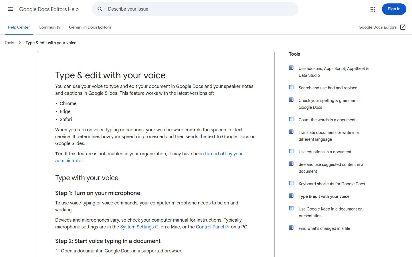 Google Docs Voice Typing help page screenshot