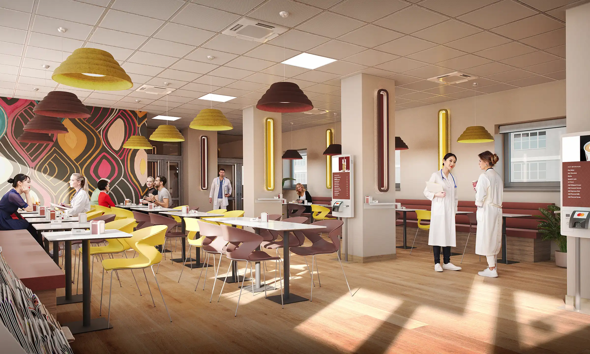 Spacious modern cafeteria with colorful yellow and pink chairs, digital menu board, and staff in white coats. Interior design for hospital or corporate lounge.
