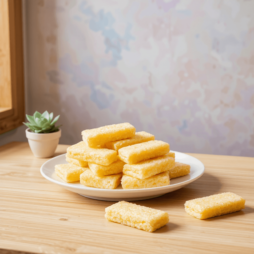 product photography of a plate of soft, rectangular snacks
