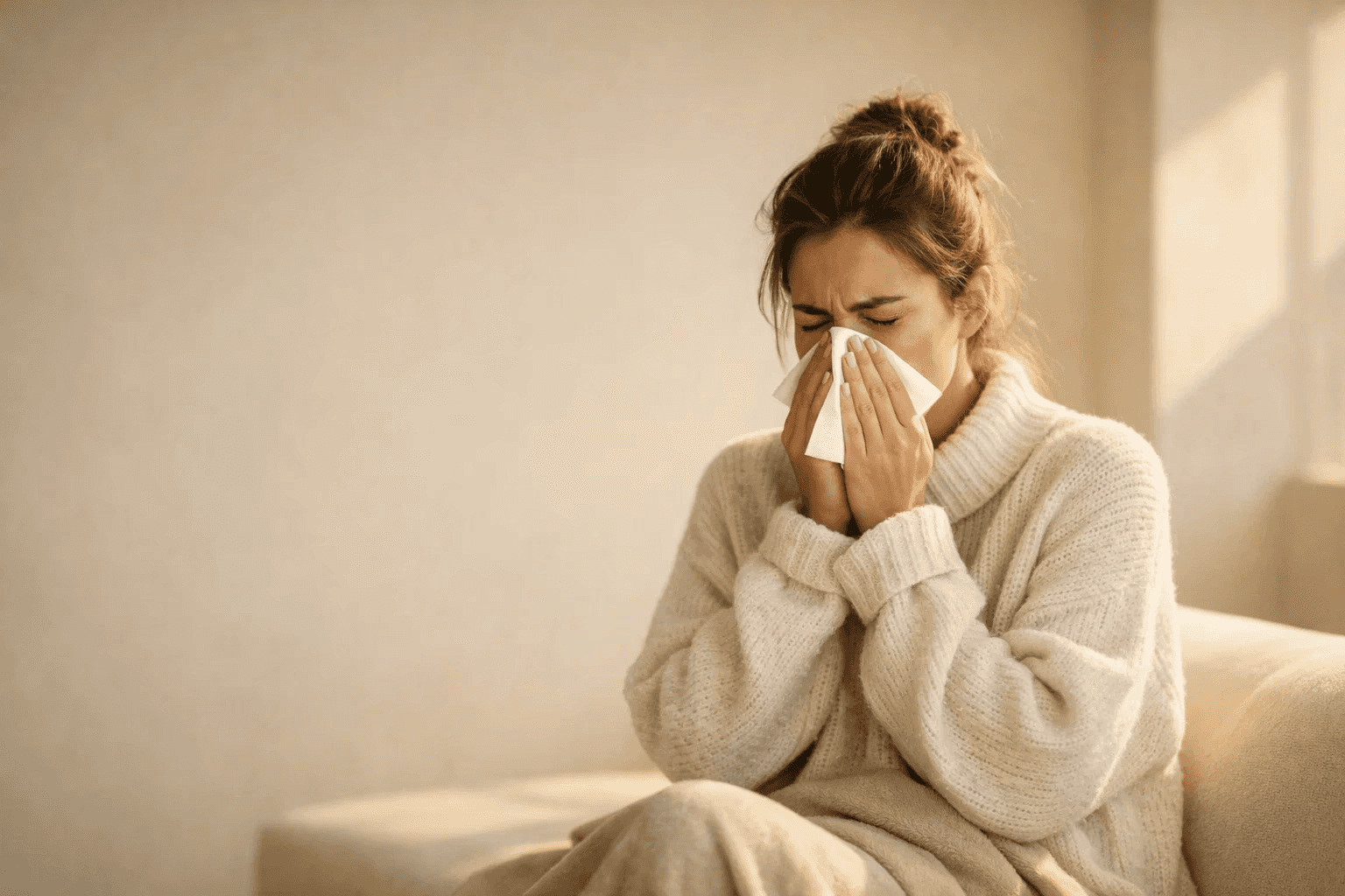 Woman showing cold or allergy symptoms while seated indoors