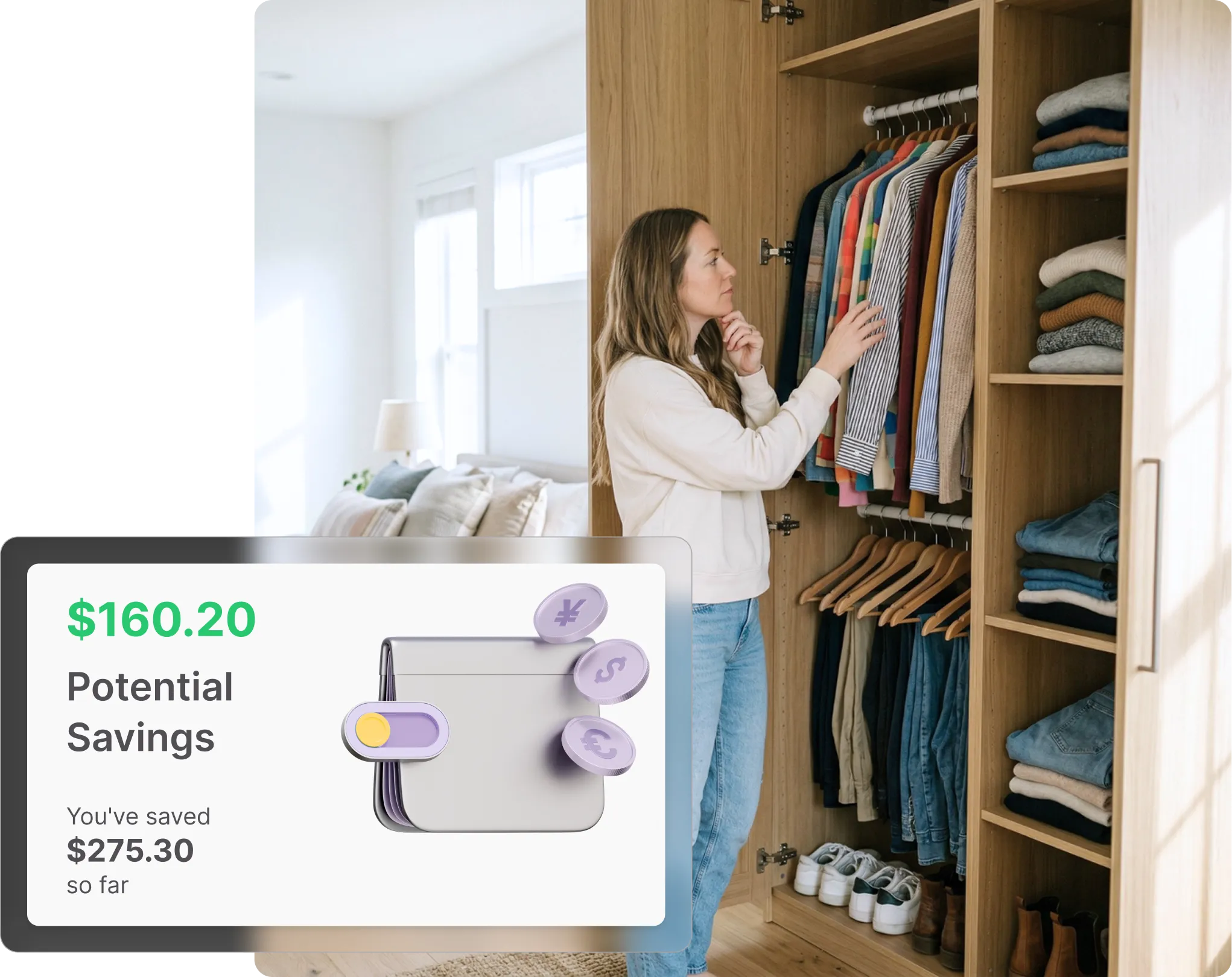 Woman browsing a wardrobe full of clothes, with a Whisprice savings summary showing $160.20 in potential savings and $275.30 saved so far on Target purchases.