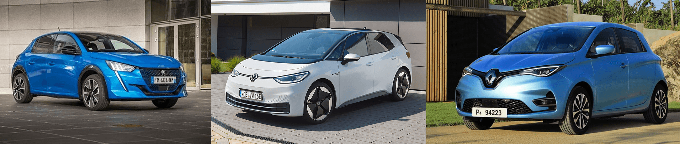 Peugeot e-208, Volkswagen ID.3 et Renault Zoé réunies sur un même visuel, comparaison de trois voitures électriques urbaines